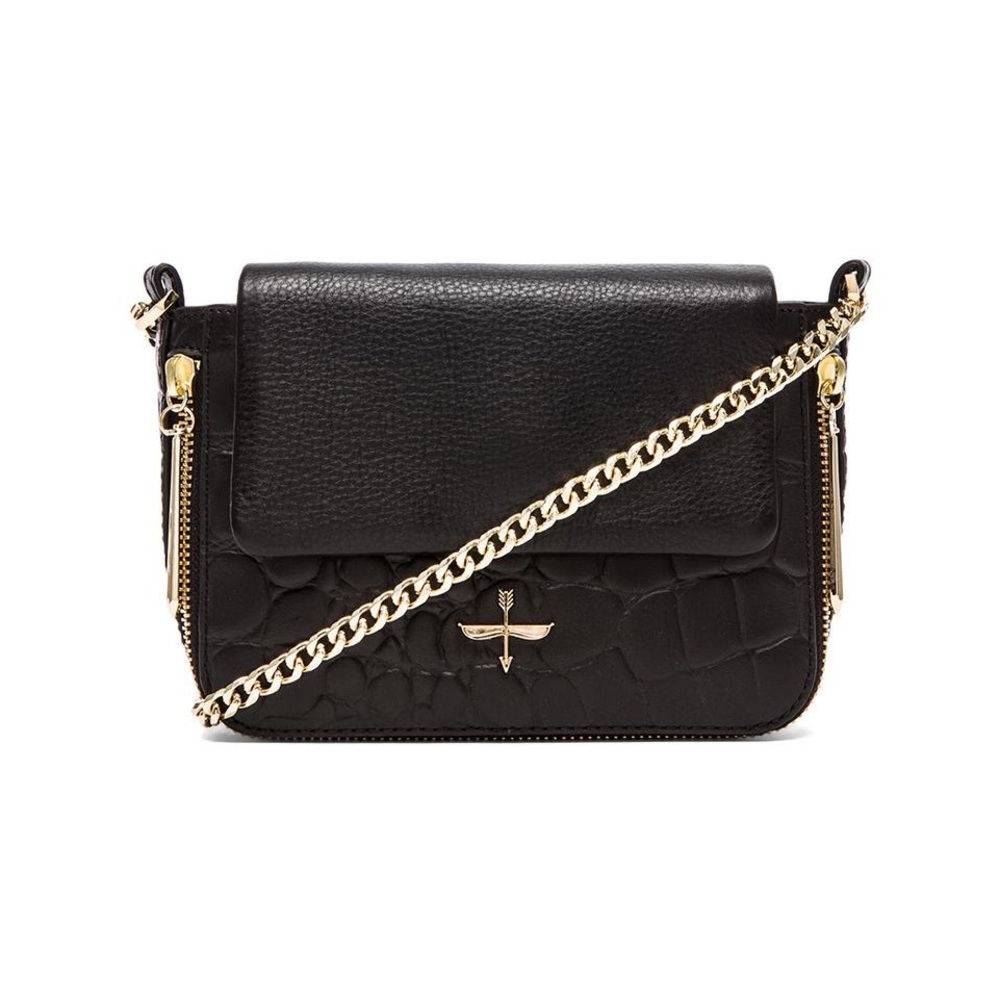 Pour La Victoire Black Pebbled & Croc-Embossed Leather Crossbody with Gold Chain